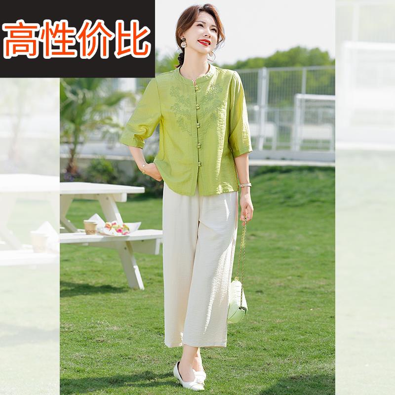 妈妈夏装新中式棉麻套装2025新款50多岁中老年女夏季洋气薄款上衣