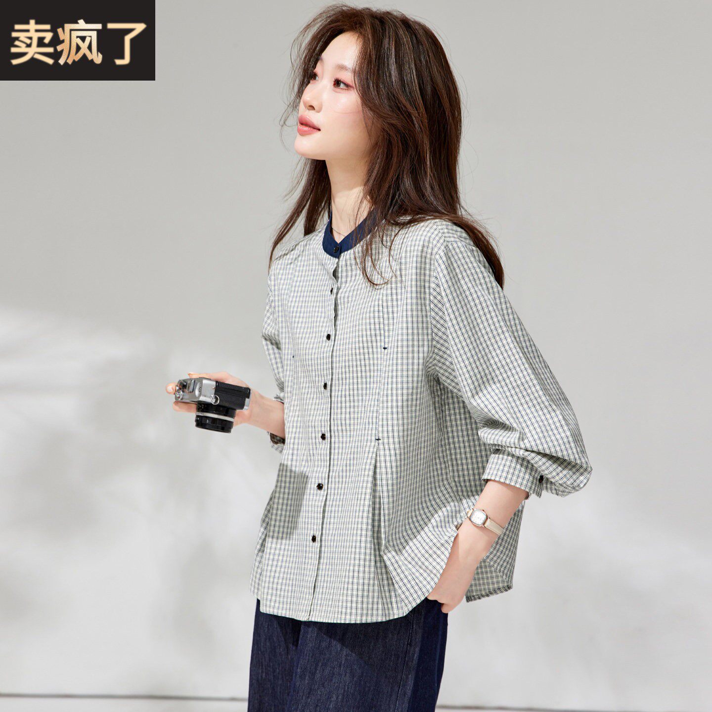 纯棉格子长袖衬衫女春装2026新法式高级感轻奢宽松减龄小个子上衣