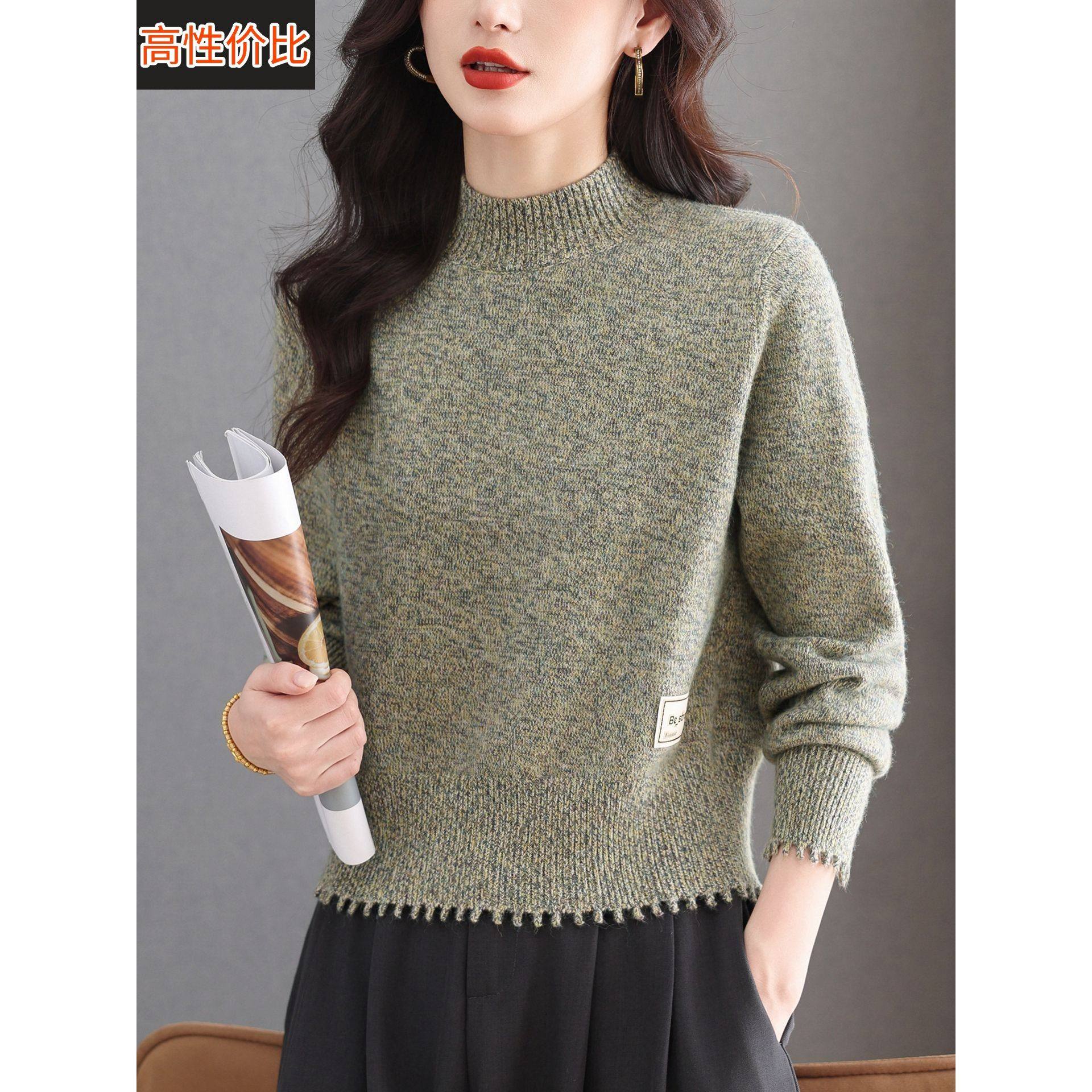 2025秋冬新款半高领花纱针织衫女覆古下摆波浪边显瘦百搭打底上衣