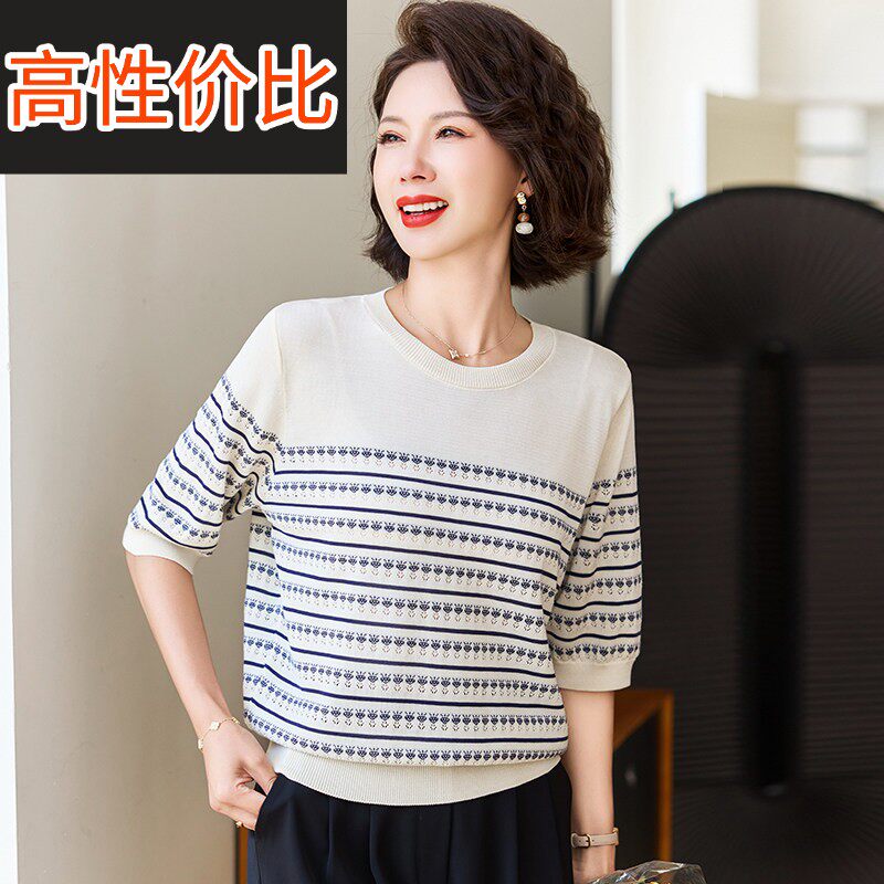 中年妈妈夏装洋气冰丝针织衫上衣女2026新款中老年人短袖t恤套装图片