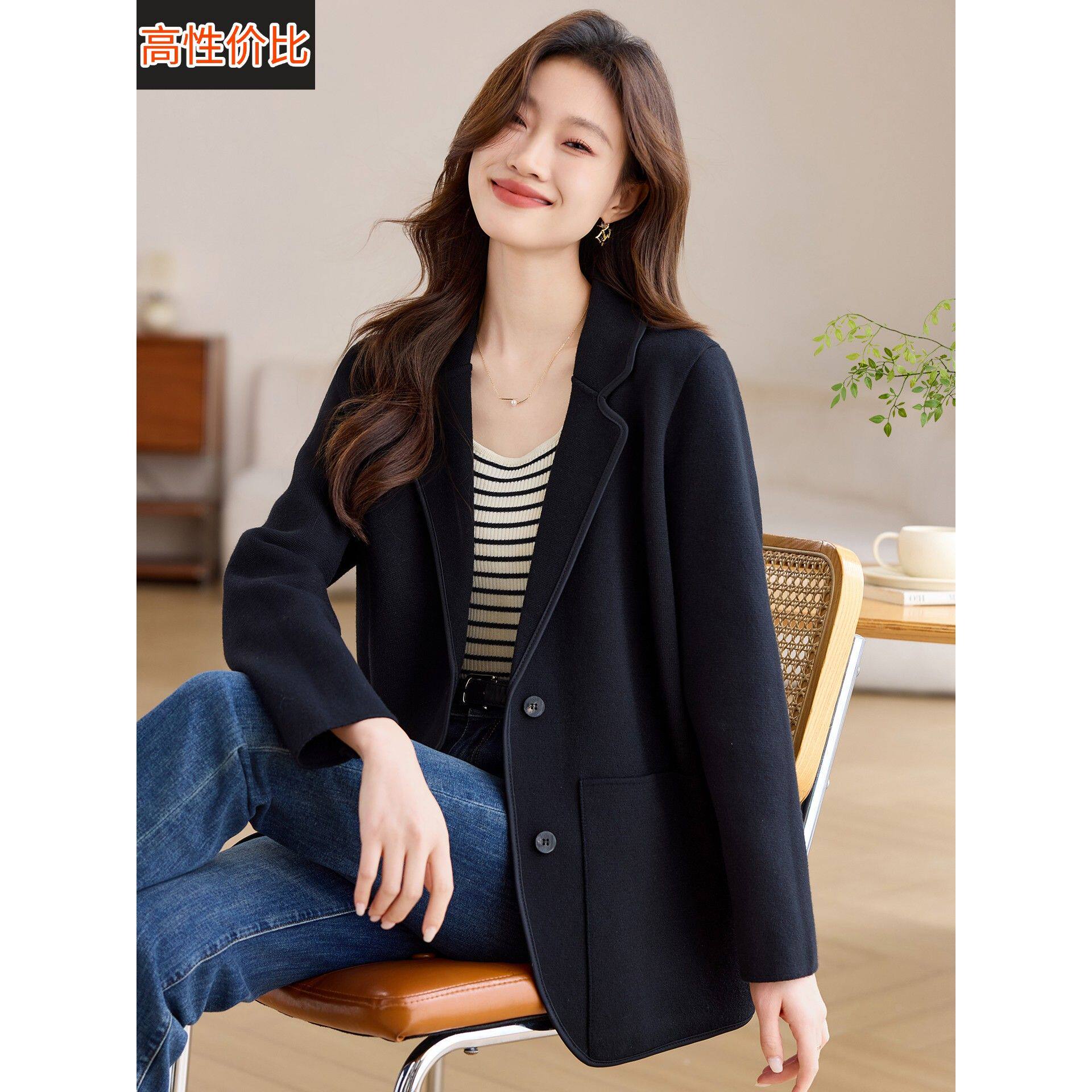 极简高级感气质西装领毛衣短外套女2025新款秋冬韩系休闲宽松开衫