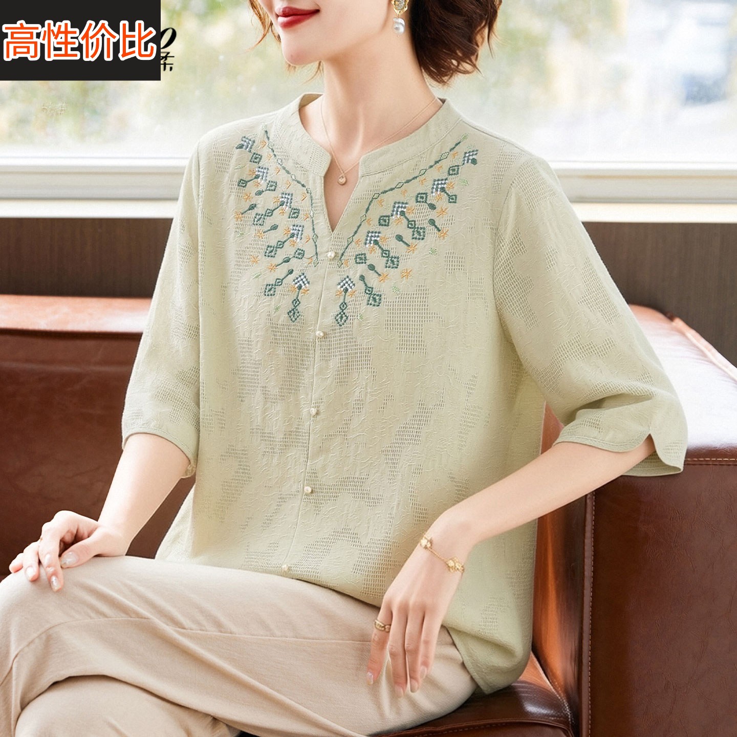 妈妈夏装短袖棉麻套装高级感中老年女装夏季纯棉t恤宽松大码上衣
