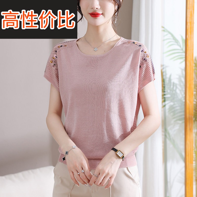 中年妈妈夏装短袖套头小衫宽松大尺码中老年女装夏季时尚针织T恤