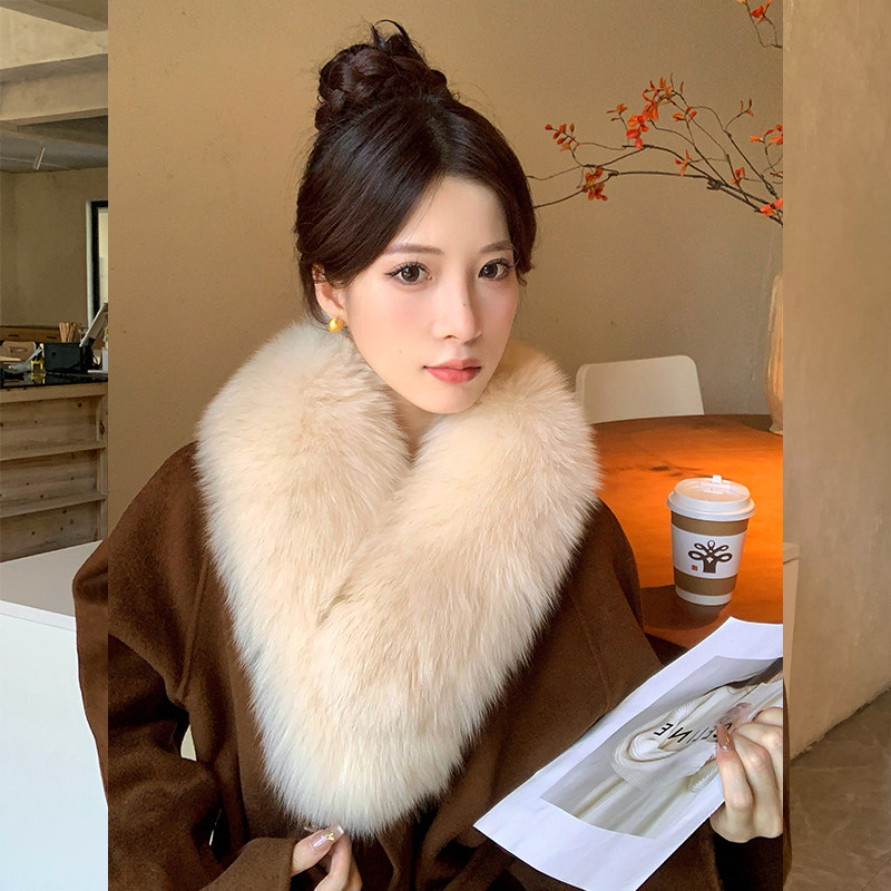 韩国轻奢狐狸毛围巾女真毛围脖皮草大披肩大衣领子帽条保暖加厚