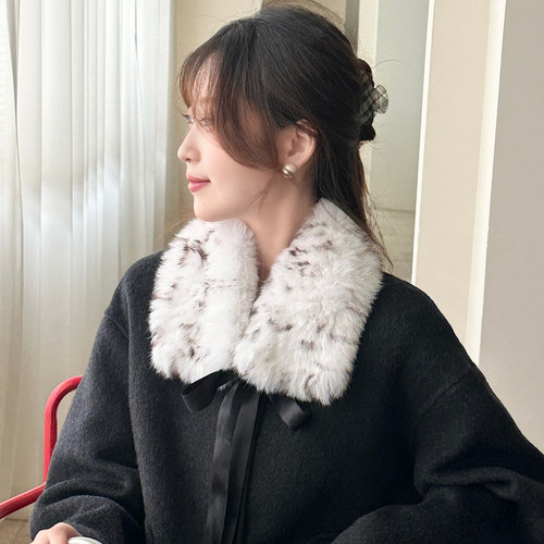 真兔毛编织小围脖缎带蝴蝶结系带