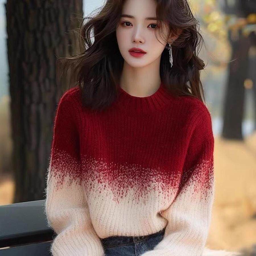 高级感安可拉红渐变色圣诞加厚软糯宽松慵懒风毛衣女秋冬针织上衣