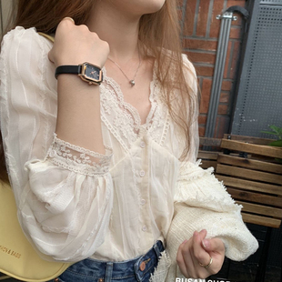 早春V领花边蕾丝打底衬衫 网纱雪纺上衣 女内搭轻奢高级感温柔小衫