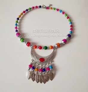 凤凰古城民族风复古藏苗银项链 彩珠夸张叶子项圈 女式项链  头饰