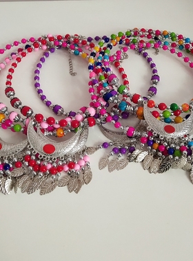 民族风复古苗银项链夸张头饰彩珠