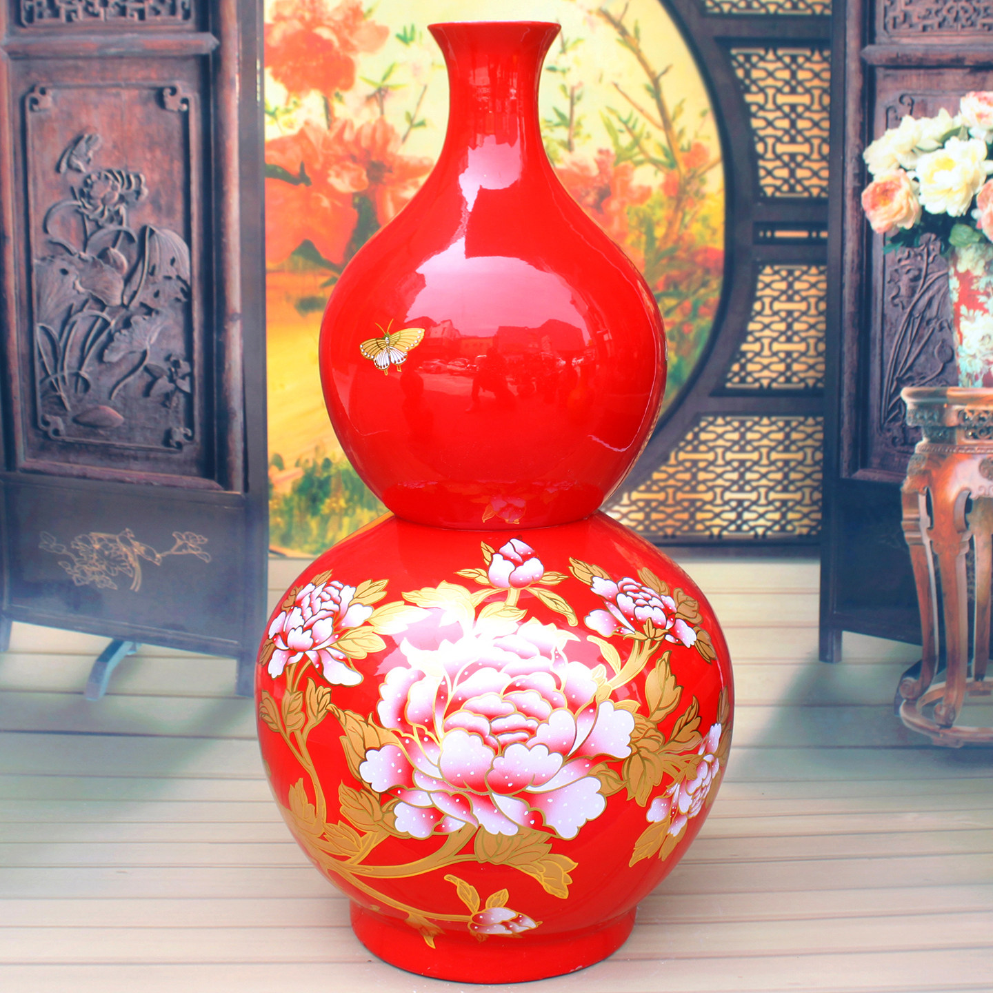 葫芦花瓶摆件客厅 景德镇大号落地家居描金牡丹陶瓷瓶摆设装饰品