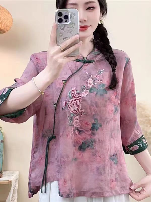 朵兹源2025春秋苎麻薄款衬衣盘扣花色国风撞色碎花刺绣长袖上衣