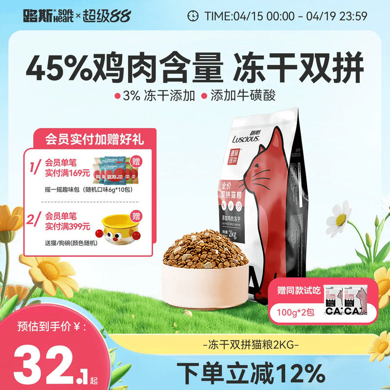 路斯冻干双拼猫粮2kg*2 52.2元 - 折送网