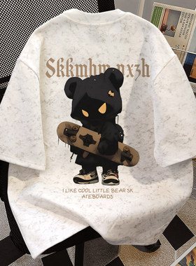 春夏季纯棉潮酷ins风字母短袖T恤女情侣潮牌小熊设计感重磅上衣男