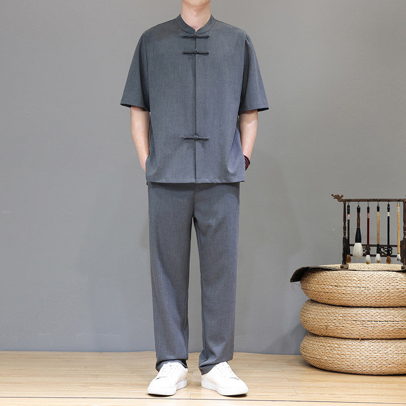 抖音得物爆款中国风夏季男士套装天丝亚麻短袖唐装大码轻奢茶服
