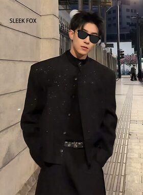 亚马逊热卖潮牌轻奢高级细闪男装外套春季新款黑色满天星长袖夹克