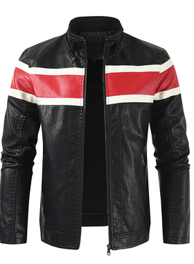 外贸大码2023年秋冬新款立领拼接青年皮夹克Men's leather jacket