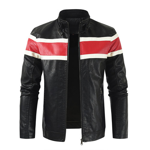 外贸大码2023年秋冬新款立领拼接青年皮夹克Men's leather jacket