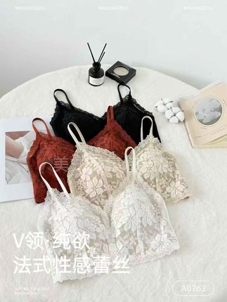 2025秋季0763法式V领蕾丝吊带美背内衣女士固定杯性感聚拢文胸