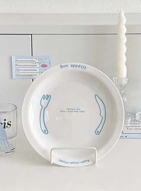 韩国ins博主同款蓝色英文字母陶瓷餐盘早餐盘水果盘简约小众