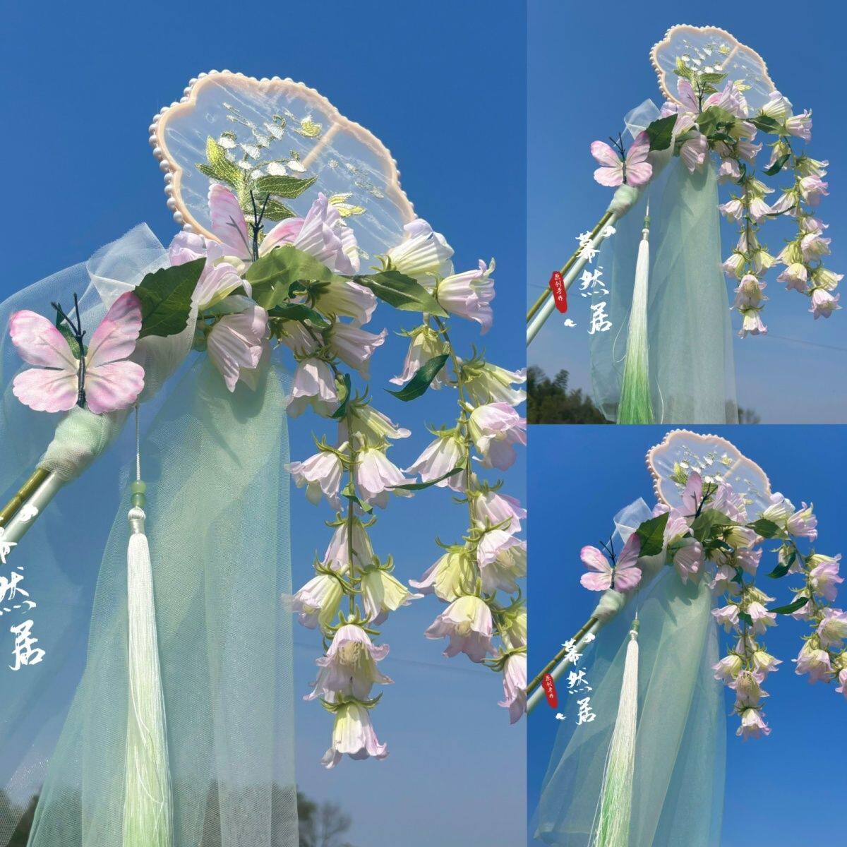 原创铃兰刺绣渐变春幡团扇长款中式汉服配饰花神绢花长柄百搭古风