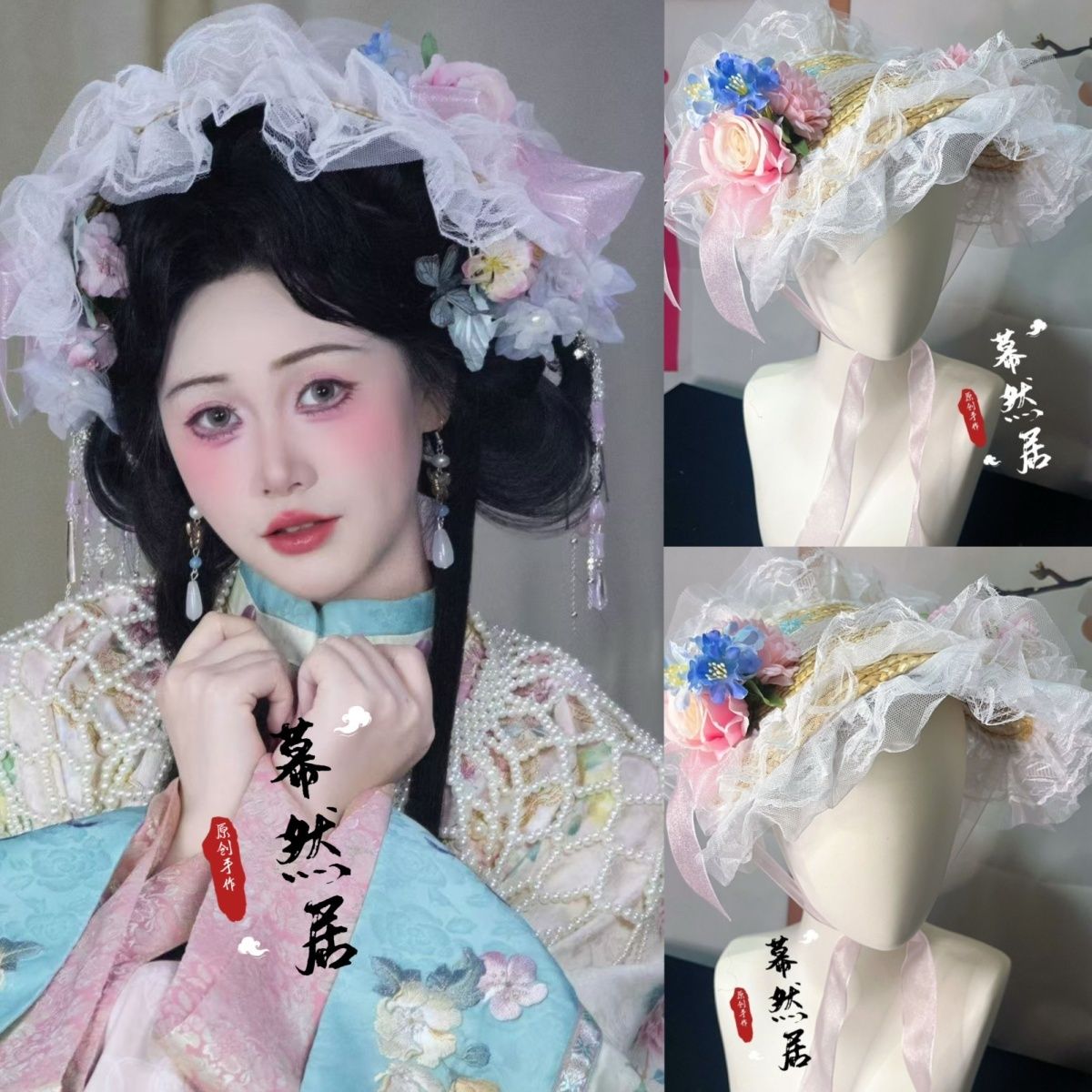 原创绢花汉洋折衷洛丽塔扁帽lolita草帽波奈特BNT蕾丝蝴蝶结草帽