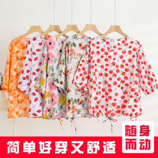 棉绸印花五分袖 上衣 T恤女新款 中年妈妈中国风抽绳夏休闲外穿中袖