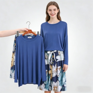 夏季 两件套人造棉家居服套装 睡衣薄款 棉绸短裤 长袖 莫代尔睡衣大码