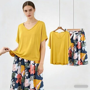人造棉两件套可外穿棉绸短裤 夏季 家居服 短袖 凉感莫代尔睡衣女款