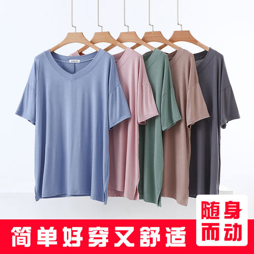 莫代尔V领短袖胖MMT恤衫上衣女夏季2025薄款中老年妈妈宽松打底衫