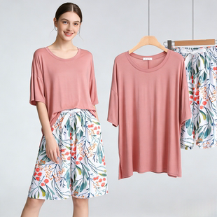 可外穿凉感棉绸家居服套装 莫代尔中袖 睡衣女两件套夏人造棉短裤