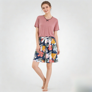 套装 睡衣夏棉绸短裤 免穿文胸可外穿家居服带胸垫短袖 莫代尔一体式