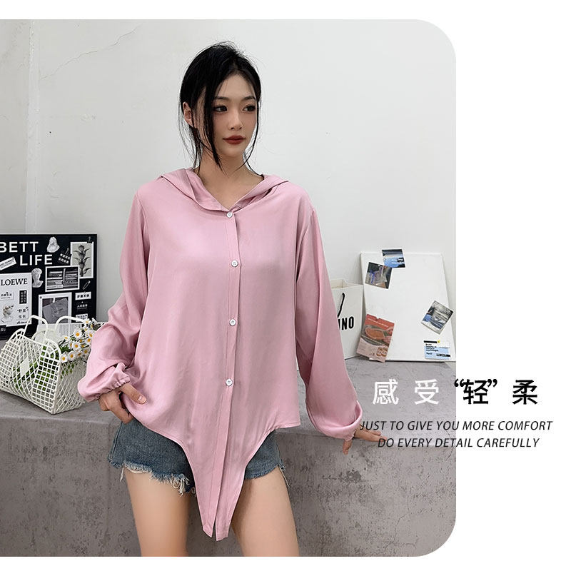 人棉连帽长袖开衫女士夏季薄款外套纯色棉绸防晒衣系扣空调罩衫