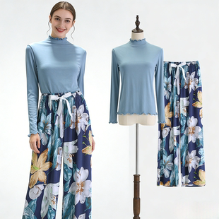 夏天棉绸家居服套装 莫代尔长袖 人造棉长裤 薄款 睡衣两件套女夏季