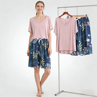 夏季 短袖 人造棉两件套 家居服莫代尔睡衣女款 凉感可外穿棉绸短裤