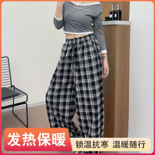 2025宽松直筒裤肥版休闲拖地长裤子女士复古毛呢格子裤秋冬阔腿裤