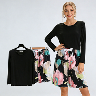 家居服两件套薄宽松人造棉家居套装 棉绸短裤 莫代尔长袖 睡衣女夏季