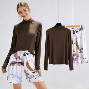 人造棉套装 棉绸长裤 家居服 可外穿莫代尔半高领两件套长袖 睡衣夏季