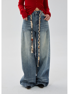 grape wang 猫须竹节长裤做旧INS风中腰牛仔裤时尚小众破洞设计感