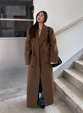 grape wang 宽松中长款双面呢大衣外套双排扣老钱风呢子大衣