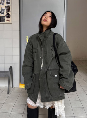 grape wang 美式复古工装风立绿色夹克外套女宽松多口袋