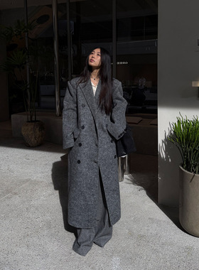 grape wang  设计师款双排扣双面呢羊毛桑蚕丝毛呢大衣兔毛外套