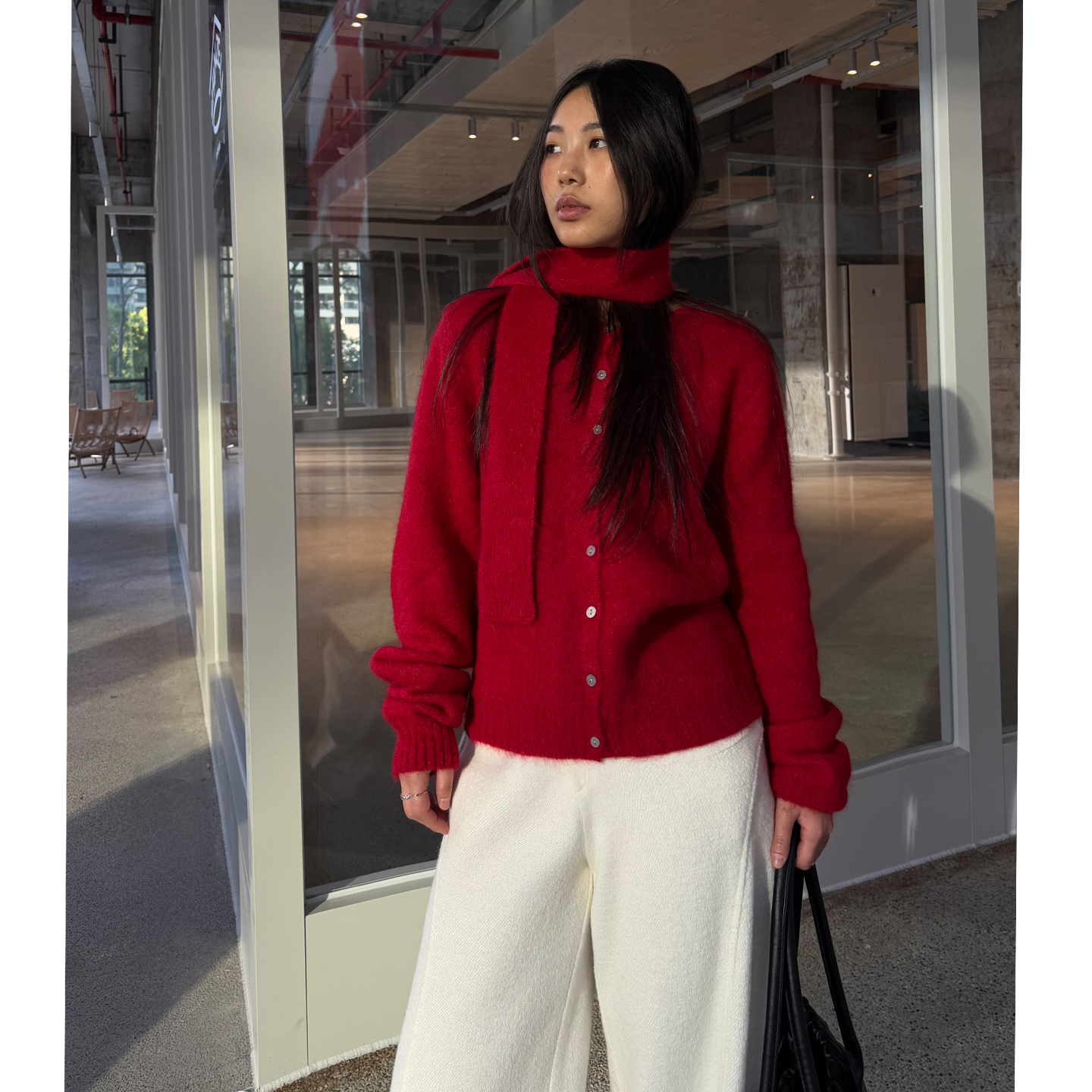 grape wang 原创设计配围巾羊驼毛开衫新年红秋冬针织毛衣女