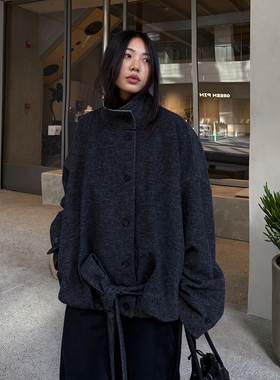 grape wang 原创设计复古慵懒风宽松毛呢夹克外套上衣新款