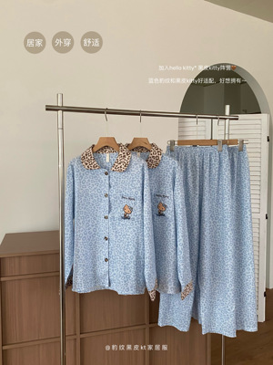 宋雨琦同款睡衣女天丝棉长袖黑皮千禧风胸垫家居服套装HelloKitty