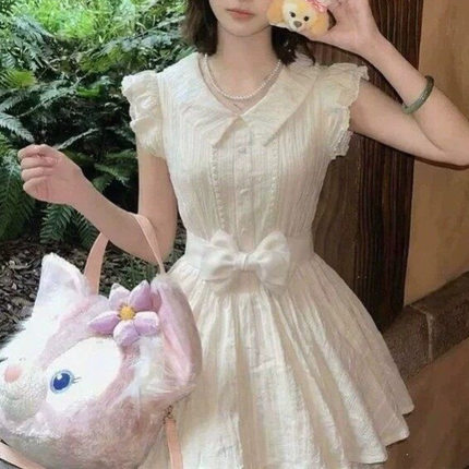 漂亮出片法式甜美减龄蝴蝶结学院风旅游娃娃领连衣裙女公主裙夏