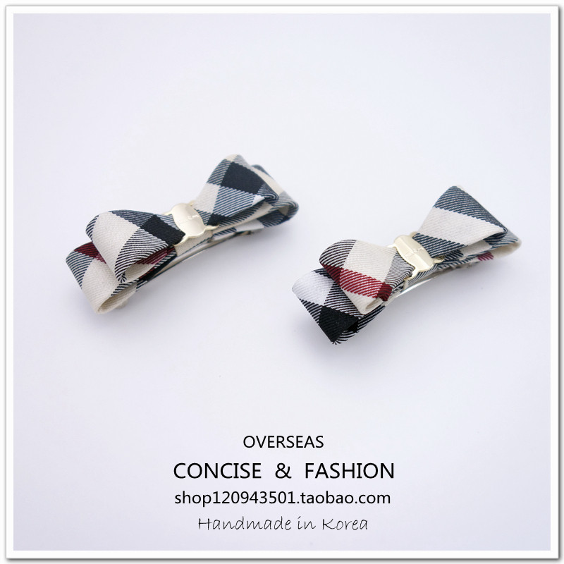 韩国进口发饰时尚格子布艺蝴蝶结发夹鸭嘴夹弹簧夹边夹刘海夹顶夹