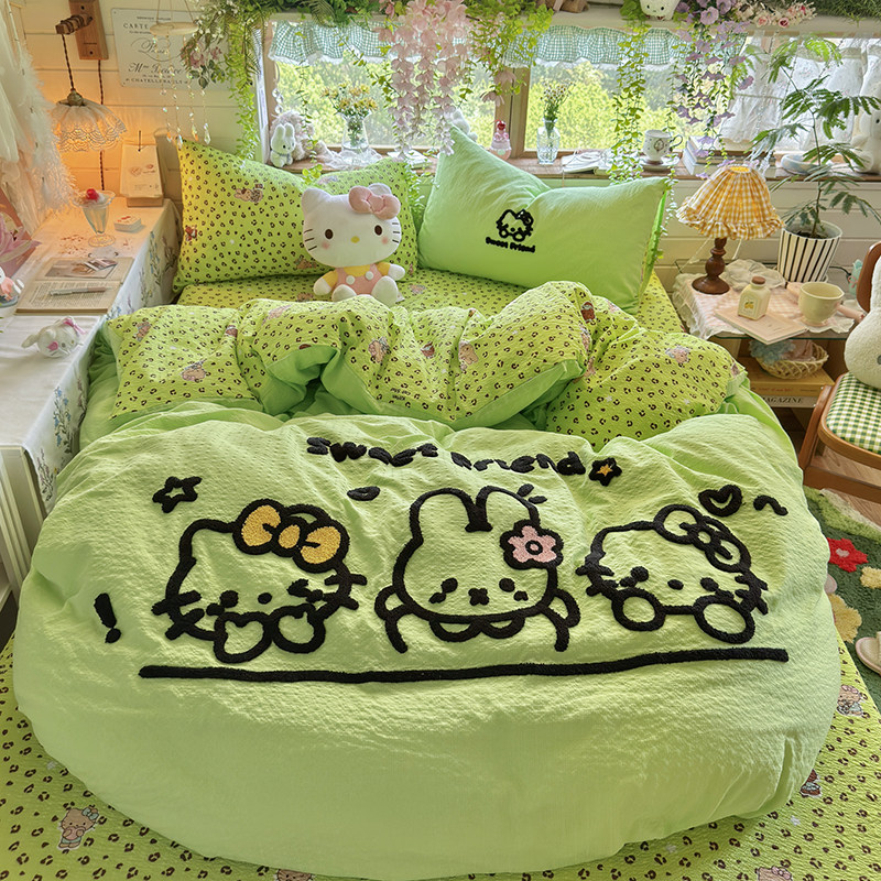 卡通Hello Kitty绿猫水洗棉全棉四件套毛巾绣被套床单宿舍三件套4