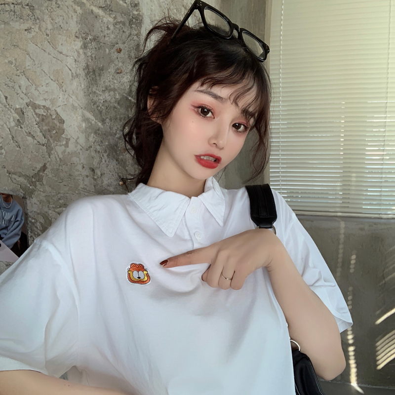 New summer polo collar embroidery loose short sleeve T-shirt