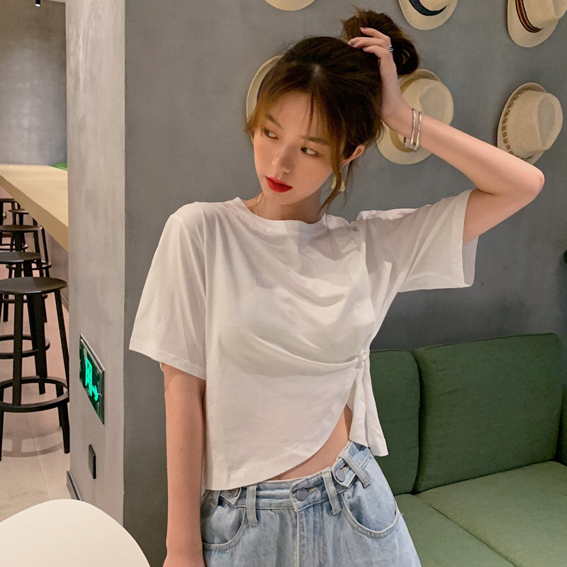 Real price ᦇ T-shirt women's summer 2021 new design small number of high waist open navel short clothes