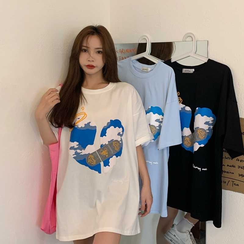 Guochao foam white cloud love printing short sleeve T-shirt for men and women